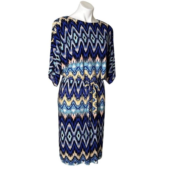 Chico's Nouveau Ikat Dress, Blue Multicolor Slit Sleeves Women's Size 1 (M) - Picture 5 of 13